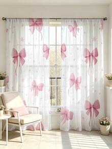 2pcs Set Sweet Style Semi-Sheer Curtains, Pink Bow Pattern, Rod Pocket Design, Suitable For All Seasons, Multi-Functional Home Decor, Machine Washable, Polyester Material, Add Romantic Atmosphere To Bedroom, Living Room And Study, 2D Flat Print - Multicolor - View 10
