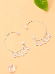 outingfit 1 Pasang Anting Kait Telinga Bentuk Tetesan Air Desain Minimalis dengan Hiasan Berlian Imitasi, Aksesoris Fashion untuk Wanita - Perak - View 5