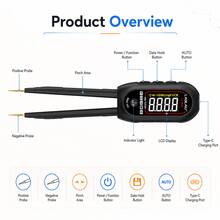 Digital Tweezer Tester, Automatic Resistor Capacitor Diode And Inductor Tester With Data Hold, Large LCD Display, Type-C Rechargeable, Gold-Plated Test Tips For SMD Components, Circuit Board Testing And Electronics Repair - Black - View 5