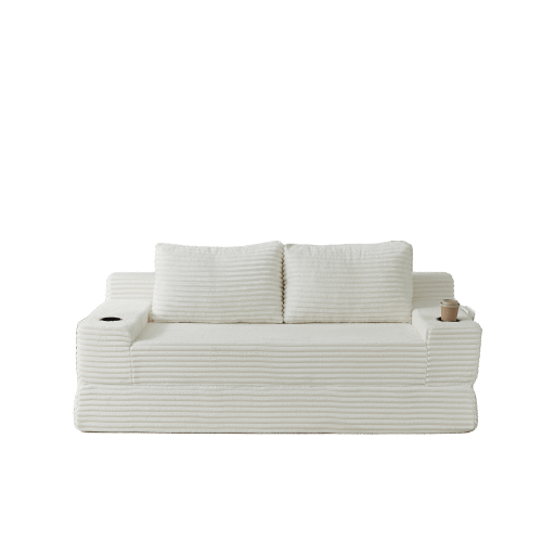 Corduroy Sofa Bed In A 2-In-1 Design, Equipped With Two Decorative Cushions, Integrated Drink Holders On The Armrests And Storage Pockets On Both Sides – Ideal For The Living Room, The Bedroom