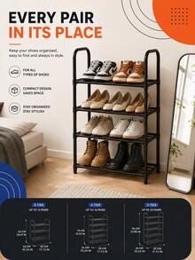 1pc Multi-Layer Metal Shoe Rack, 3/4/5 Tiers Optional Shoe Storage Rack, Sturdy Open Design Shoe Shelf, Easy Assembly Space-Saving Shoe Organizer, Suitable For Entryway, Hallway, Bedroom Home Storage - Black - View 6