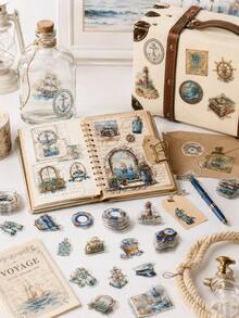10pcs Vintage Nautical Ocean Stickers, Retro Sailboat Lighthouse Anchor Compass Patterns, Scrapbook Planner Journal Decoration, Travel Diary DIY Crafts, Gift Wrapping Accessories - Multicolor - View 3