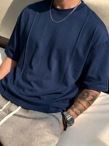 男士夏季復古純色條紋T恤，特殊設計，適合日常通勤與居家穿著 - 藏蓝色 - 查看 4
