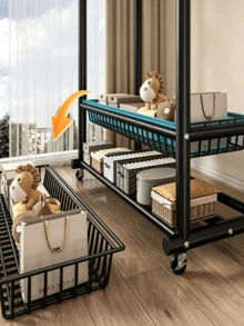 1pc Double‑Layer Metal Garment Rack‑Double Rod Clothes Drying Rack With Wheels, Equipped With Storage Basket And Hooks, Large Capacity, Stable Structure, Space‑Saving,Freestanding Clothes Hanger,Suitable For Bedroom,Living Room,Entryway,And Dormitory - Multiple Specifications - View 7