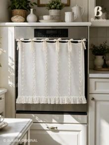 1pc White Jacquard Oven Curtain, 3D Floral Lace Stripe Design, Bowknot Ruffle Edge Kitchen Decor Curtain - Ruffled Edge - View 2