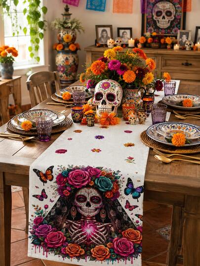 Chemin de table Jour des Morts, coussin décoratif, set de table, long chemin de table crâne rose papillon, nappe imprimée cœur gothique, décoration de fête mexicaine en tissu pour la maison