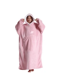 Large Hooded Blanket Bathrobe, Soft Fluffy Coral Fleece Long Robe, White Lambswool Lining, Hooded, Leaf Embroidery Detail, Large Front Pocket, Loose Warm, Suitable For Sofa Leisure - Multicolor - View 13