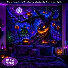 2D Fluorescent Halloween Tapestry: Scary Demon Tree, Pumpkin Head, Scarecrow, Haunted House, Full Moon, Bats, Spider Web, Blacklight Reactive Tapestry - Halloween Home Party Decoration - Multicolor - View 4