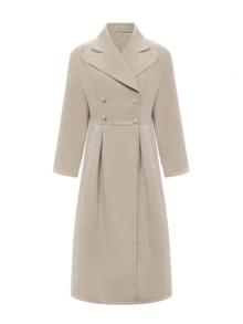 Mantel Panjang Wanita Warna Beige, Jaket Panjang Hangat Musim Dingin Berkancing Ganda, Mantel Panjang Selutut Longgar Kelas Atas, Cocok Untuk Bepergian, Kencan, Serbaguna - Aprikot - View 3