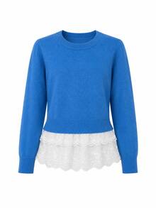 Women's Knitted Round Neck Pullover Sweater Top, Long Regular Sleeve, Medium Elasticity, Autumn Daily Wear - Blue - View 11