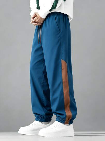 1 Piece Men's Fall Woven Jogger Pants, Colorblock Side Stripe, Drawstring Waist, Loose Fit Track Pants, Streetwear