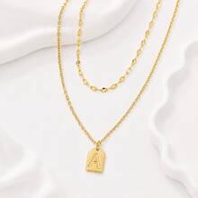 2Pcs/Set Simple Stainless Steel Initial Necklace Choker Lip Chain Layered Chain Necklaces For Women - Golden Square Letter - View 3