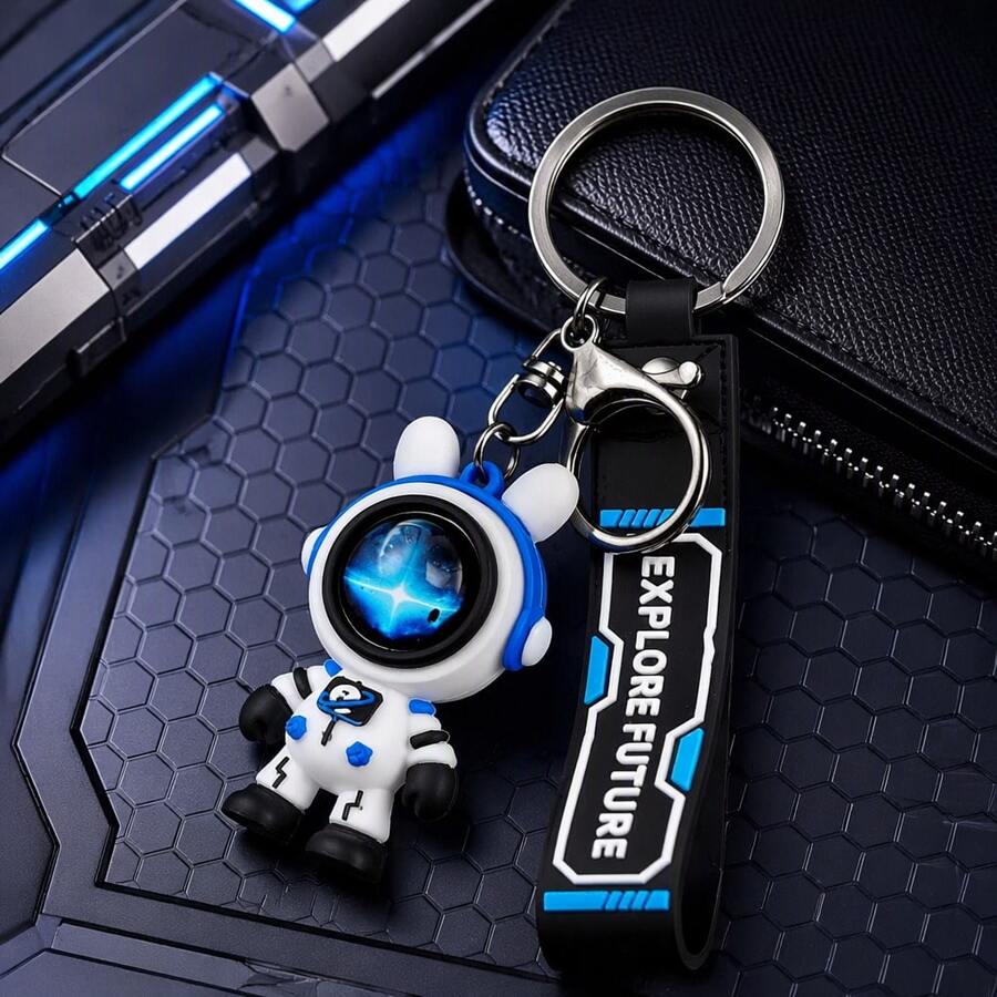 1Pc Space Astronaut Rabbit Keychain With Wrist Lanyard, Cute Figure Bag Charm, Decor Pendant For Car Keys & Backpack, Christmas Gift - Blue - View 1