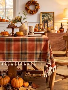 1‑Piece Vintage Blue‑Orange Tartan Plaid Tablecloth, Cozy Rustic Polyester Table Cover With Tassel Edge, Stylish Table Topper To Boost Halloween Fall Atmosphere, For Kitchen Dining Table $ Coffee Halloween Holiday Party Indoor Home Decoration - Tassel Trim - View 13