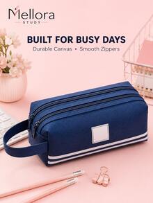 1Pc/6pcs Large Capacity Canvas Pencil Case With Handle, Double Zipper Multi‑Layer Pencil Pouch, Solid Color Portable Stationery Bag For Students Back To School Supplies - Double Zipper - View 5