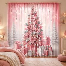2PCS Silver‑Pink Christmas Tree Print Light Sheer Curtains, Semi-Sheer For Privacy Protection. Easy Rod Pocket Installation, Quick-Dry, Fade-Resistant After Washing, Lightweight And Washable. Ideal For Home, Room And Kitchen Decor & Space Dividers. - Multicolor - View 1