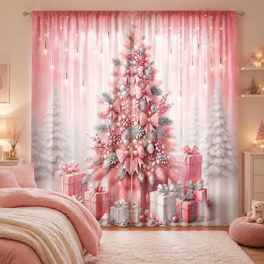 2PCS Silver‑Pink Christmas Tree Print Light Sheer Curtains, Semi-Sheer For Privacy Protection. Easy Rod Pocket Installation, Quick-Dry, Fade-Resistant After Washing, Lightweight And Washable. Ideal For Home, Room And Kitchen Decor & Space Dividers. - Multicolor - View 1