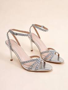 Women's Round Toe Open Toe Stiletto Heel Sandals, Shiny Rhinestone Decor Buckle High Heels, Silver Bridal Wedding Party Sandals - Silver - View 4