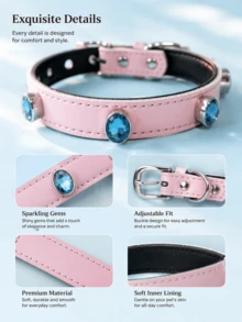 1pc Fashionable Cute Rhinestone Pet Collar, Genuine Leather Exquisite Beautiful Dog Cat Collar, Adjustable Pet Collar Cat Dog Universal Ins Style Pet Collar Leash Set - Multicolor - View 4
