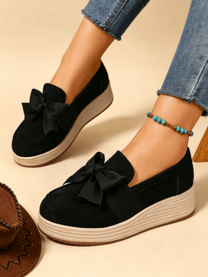 Mocasines de cuña con lazo de ante para mujer, zapatos tipo slip-on holgados, suela gruesa que aumenta la altura, cómodos y versátiles para uso diario, desplazamientos y viajes