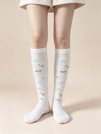 1 Pair White Soft Cute Animal Print Comfortable Calf Socks