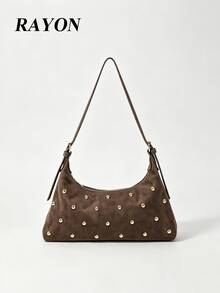 1pc Brown Textured Velvet Crescent Bag With Rivet Embellishment, Baguette Underarm Shoulder Bag For Women, Suitable For Commuting, Dating And Shopping - Coffee - View 11