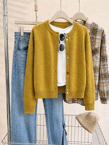 Colorful Button Cardigan, Vintage Round Neck Lime Green Versatile Cardigan, Women's Spring/Autumn Knit Sweater, Unique Design Niche Versatile Fall - Lime Green - View 4