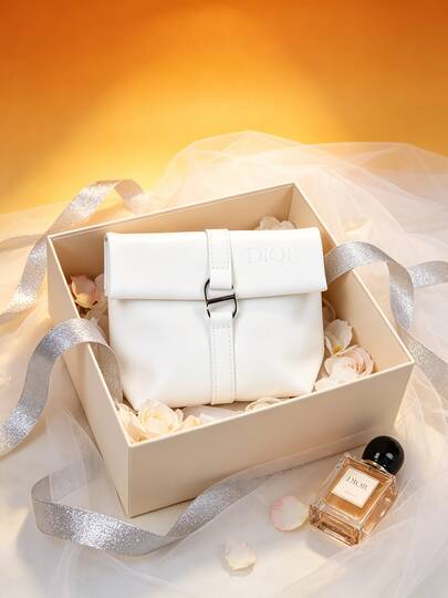Dior Minimalist Premium White Fold-Over PU Cosmetic Bag With Metal Buckle, Large Capacity Makeup Organizer