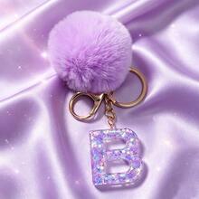 1pc Cute A-Z Letter Sequin Epoxy Keychain With Purple Fur Ball Pendant, Wallet Car Key Chain, Fashion Bag Charm, Gift For Best Friends - Lilac Purple - View 31