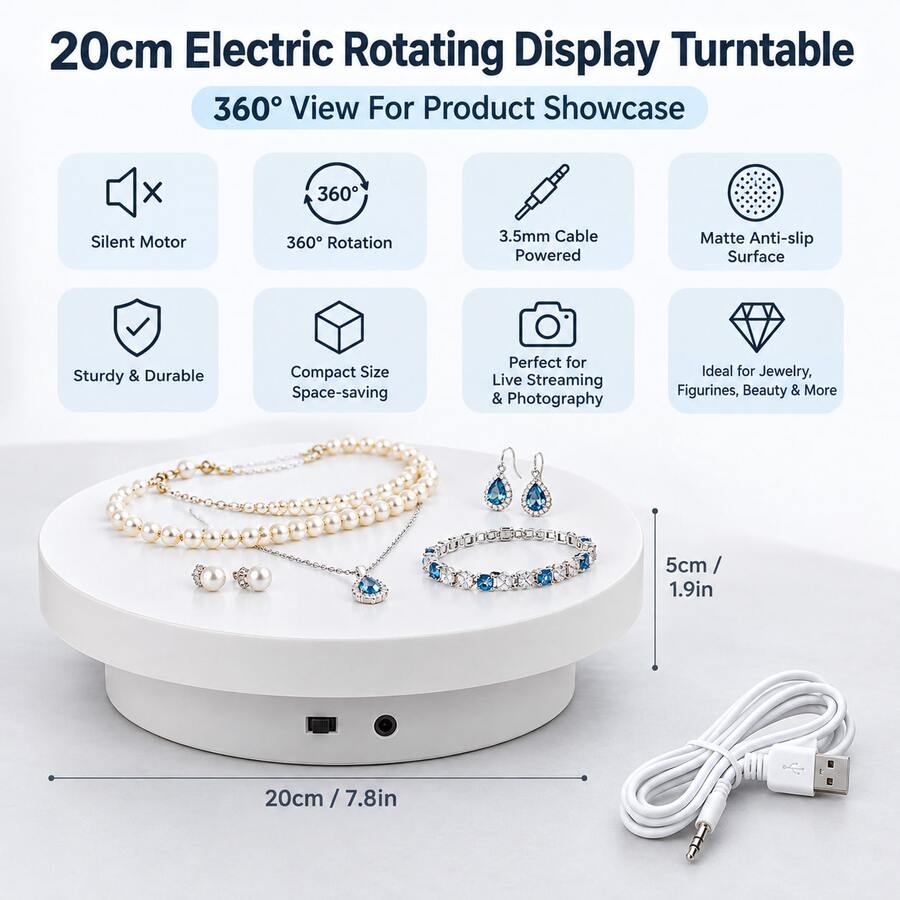 20cm (7.8in) Electric Rotating Display Stand (USB Cable Required), Adjustable Direction, Product Display Base, Rotating Base, Photography, Live Streaming, Jewelry, Figurines, Crystal Glass Jewelry Art Gifts | Matte Surface | USB Powered - White - View 1