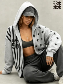 mulinsen Women's Loose Star Stripe Zipper Hooded Sweatshirt, Letter Print Drop Shoulder Sporty Sweatshirt, Suitable For Daily Street Style - Grey - View 3