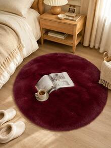 Soft Fluffy Faux Fur Round Rug, Burgundy, Suitable For Bedroom, Living Room, Study, Can Be Used As Floor Mat, Bedroom Plush Rug, Living Room Rug, Round Bedroom Rug, Bedside Rug, Decorative Rug, Faux Fur Rug, Bedroom Decor, Autumn Decor, Autumn Home Decor, Dek - Burgundy - View 3