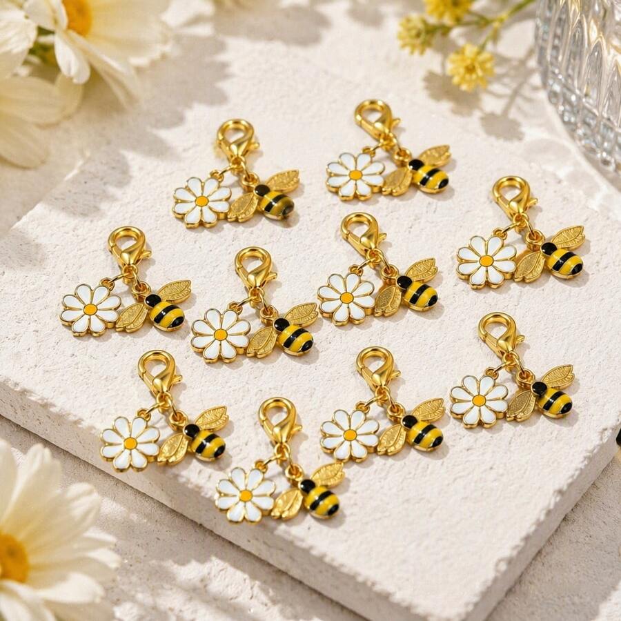 10pcs Alloy Bee & Daisy Bag Charm Keychain Set, Enamel Insect & Flower Pendant, Backpack & Key Decoration, Christmas Gift - White - View 1