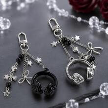 1pc Alloy Headphone Shaped Keychain, Bowknot Black Bead Star Pendant, Halloween Thanksgiving Christmas Holiday Gift - Multicolor - View 1