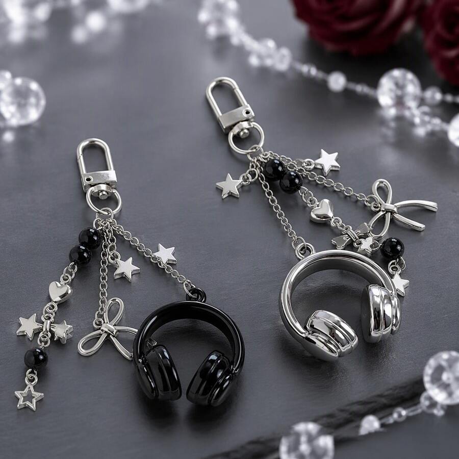 1pc Alloy Headphone Shaped Keychain, Bowknot Black Bead Star Pendant, Halloween Thanksgiving Christmas Holiday Gift - Multicolor - View 1