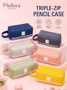 1Pc/6pcs Large Capacity Canvas Pencil Case With Handle, Double Zipper Multi‑Layer Pencil Pouch, Solid Color Portable Stationery Bag For Students Back To School Supplies - Double Zipper - View 7
