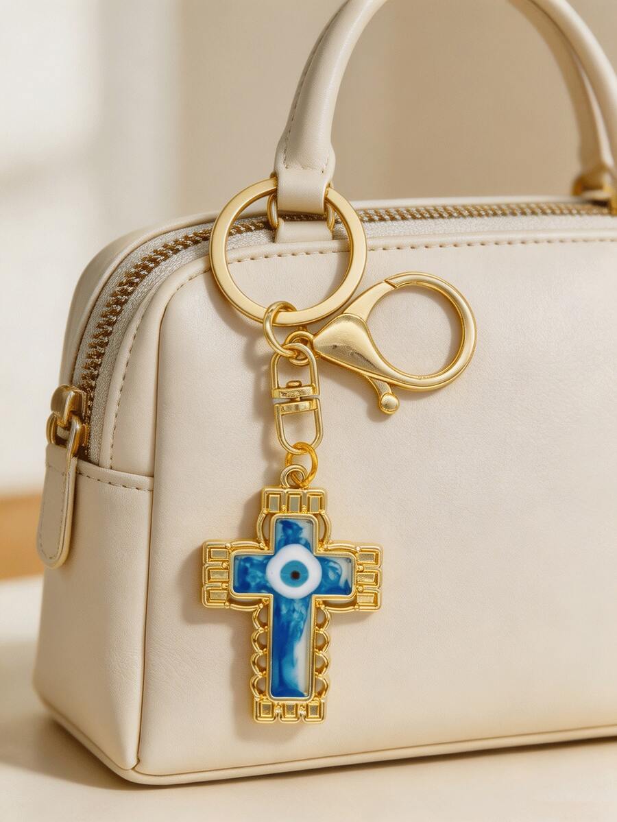 Cross Blue Evil Eye Keychain, Women's Keychain, Lucky Guardian Accessory For Handbags, Car Keys, Suitable For Daily Wear, Halloween Gift, Christmas Holiday Party Gift - Multicolor - View 1