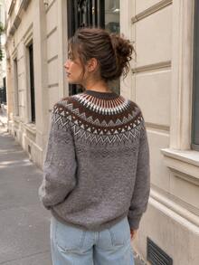 Women's Fair Isle Knit Sweater, Long Sleeve Round Neck Drop Shoulder Top, Cozy Winter & Fall Knitwear - Khaki - View 6