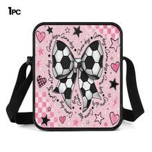 Pink & White Football Bow 2D Print 3 Pieces Backpack Set, Large Capacity Backpack With Crossbody Bag And Pencil Case, Side Elastic Mesh Pocket For Water Bottle, Wide Breathable Adjustable Shoulder Straps, Sweet & Cool Sporty Style For Daily Commute, Travel And Casual Storage - Printed Bag - View 13
