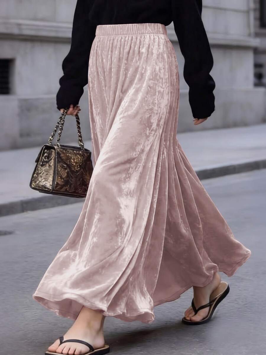 Women's Pink Velvet Mid-Length Skirt, Elegant Polyester Non-Stretch Formal Evening Gown, Suitable For Special Occasions - Pink - View 1