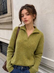 Green Ribbed Knit Pullover Sweater For Women, Chic Long Sleeve Drop Shoulder Collared Knit Top For Fall - Green - View 3