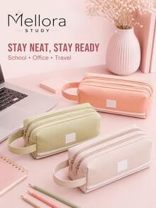 1Pc/6pcs Large Capacity Canvas Pencil Case With Handle, Double Zipper Multi‑Layer Pencil Pouch, Solid Color Portable Stationery Bag For Students Back To School Supplies - Double Zipper - View 2