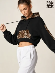 mulinsen Women's Leopard Print Patchwork Short Sweatshirt Sweatshirt, Drawstring Drop Shoulder Sports Sweatshirt, Suitable For Daily Streetwear Style - Black - View 2