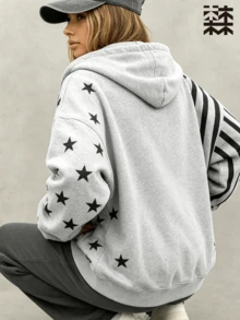 mulinsen Women's Loose Star Stripe Zipper Hooded Sweatshirt, Letter Print Drop Shoulder Sporty Sweatshirt, Suitable For Daily Street Style - Grey - View 2