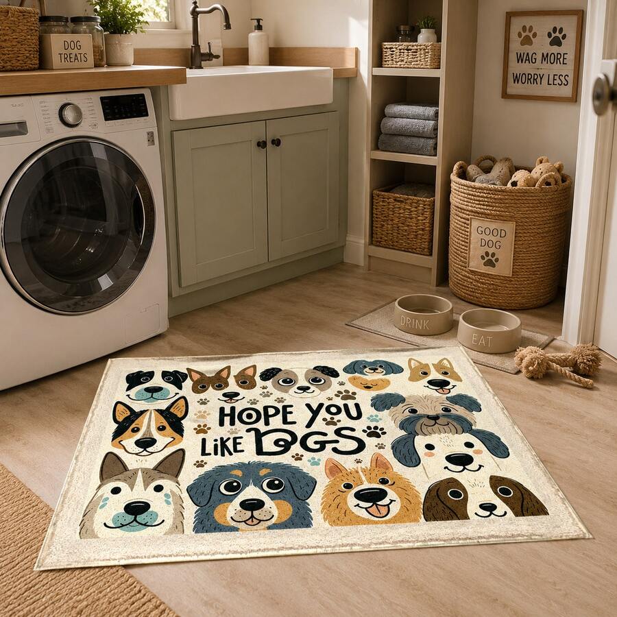1pc Cartoon Dog Pattern Printed Faux Cashmere Kitchen Mat, Absorbent Kitchen Floor Mat, Kitchen Rug, Long Runner Mat, Sink Front Mat, Suitable For Kitchen, Bathroom, Entryway, Hallway, Laundry Room And Home Decor - Multicolor - View 1