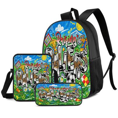 Graffiti Style Football Field 2D Print 3 Pieces Backpack Set, Large Capacity Backpack With Crossbody Bag And Pencil Case, Side Elastic Mesh Pocket Water Bottle Holder, Wide Breathable Adjustable Shoulder Straps, Sports Style Daily Commute Travel Casual Storage Bag