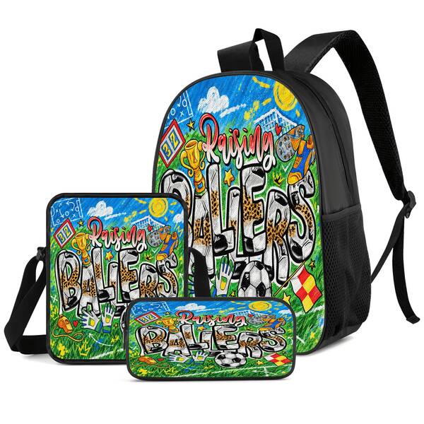 Graffiti Style Football Field 2D Print 3 Pieces Backpack Set, Large Capacity Backpack With Crossbody Bag And Pencil Case, Side Elastic Mesh Pocket Water Bottle Holder, Wide Breathable Adjustable Shoulder Straps, Sports Style Daily Commute Travel Casual Storage Bag