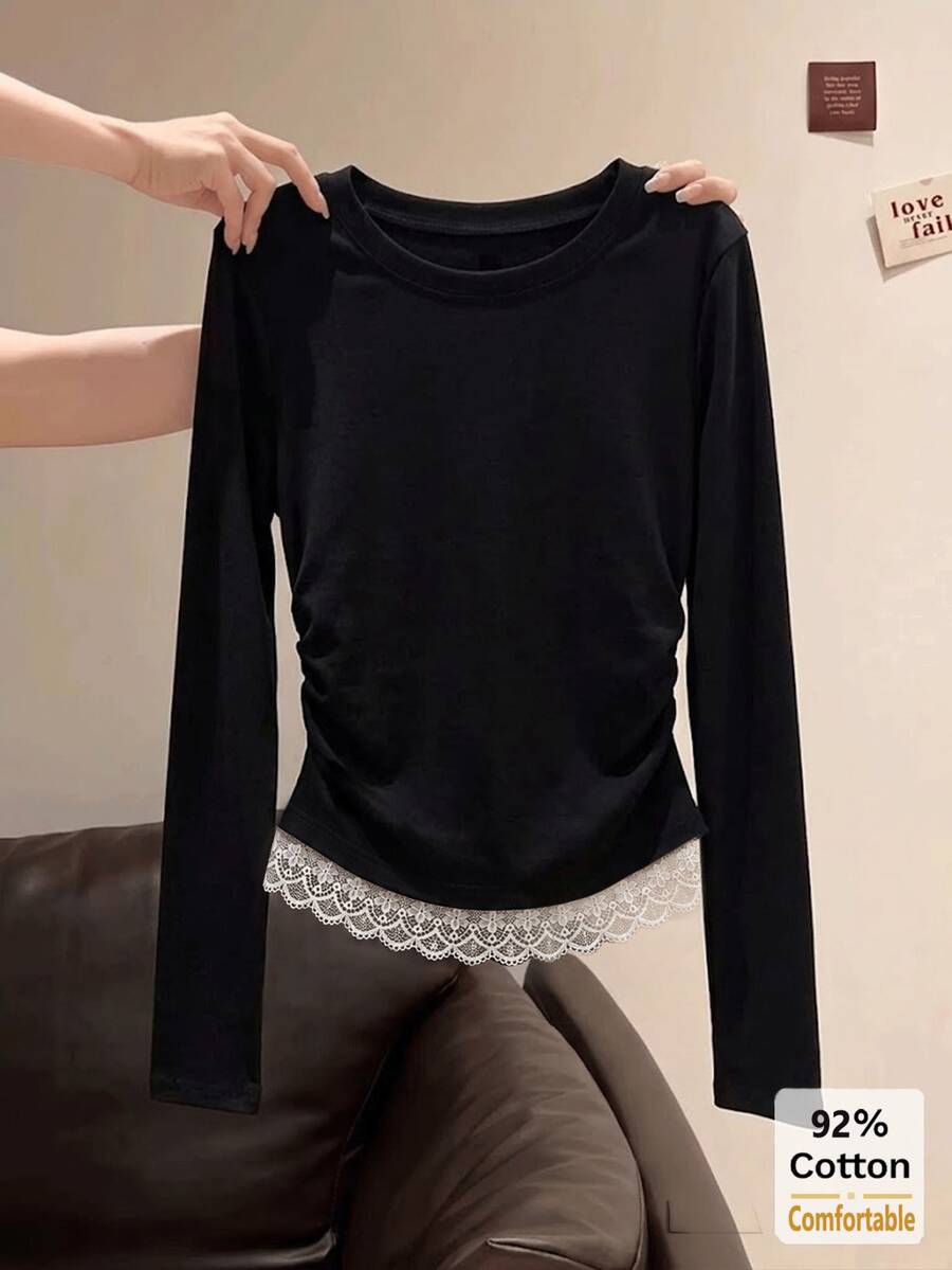 Kaos Lengan Panjang Katun Murni Motif Renda Musim Gugur, Atasan Hitam untuk Wanita, Lapisan Dalam Dasar Warna Polos yang Serbaguna dan Melangsingkan - Hitam - View 1