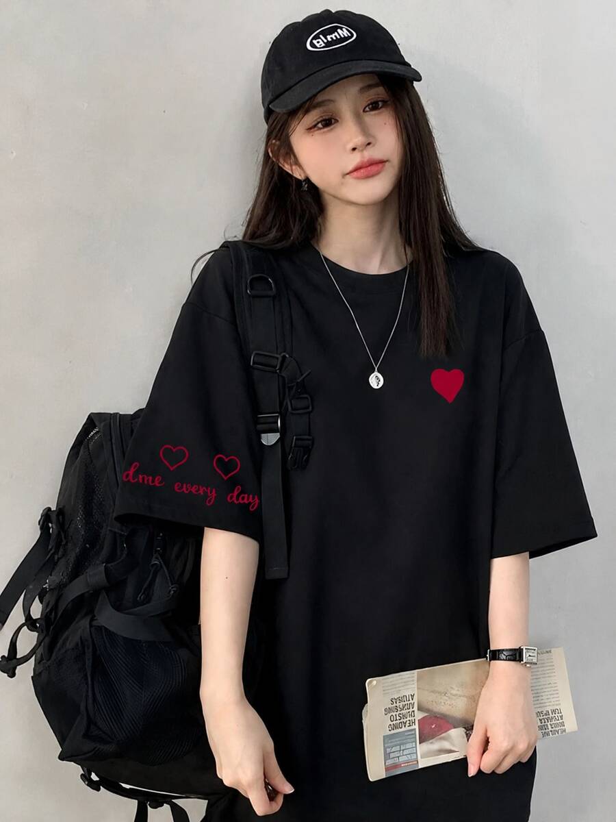 Kaos Wanita Gaya Jepang Lengan Pendek Leher Bulat Longgar dengan Motif Huruf & Hati, Kasual Musim Semi/Panas Warna Hitam - Hitam - View 1