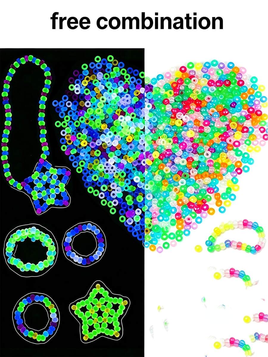 1000/2pcs Fluorescent Glow Horseshoe Beads, 9mm Plastic Handmade Beads, Suitable For DIY Jewelry Making, Ideal For Friendship Bracelets, Necklaces And Hair Braiding Projects, 9 Vibrant Fluorescent Colors, Lightweight And Easy To Thread - Mixed Style - View 1